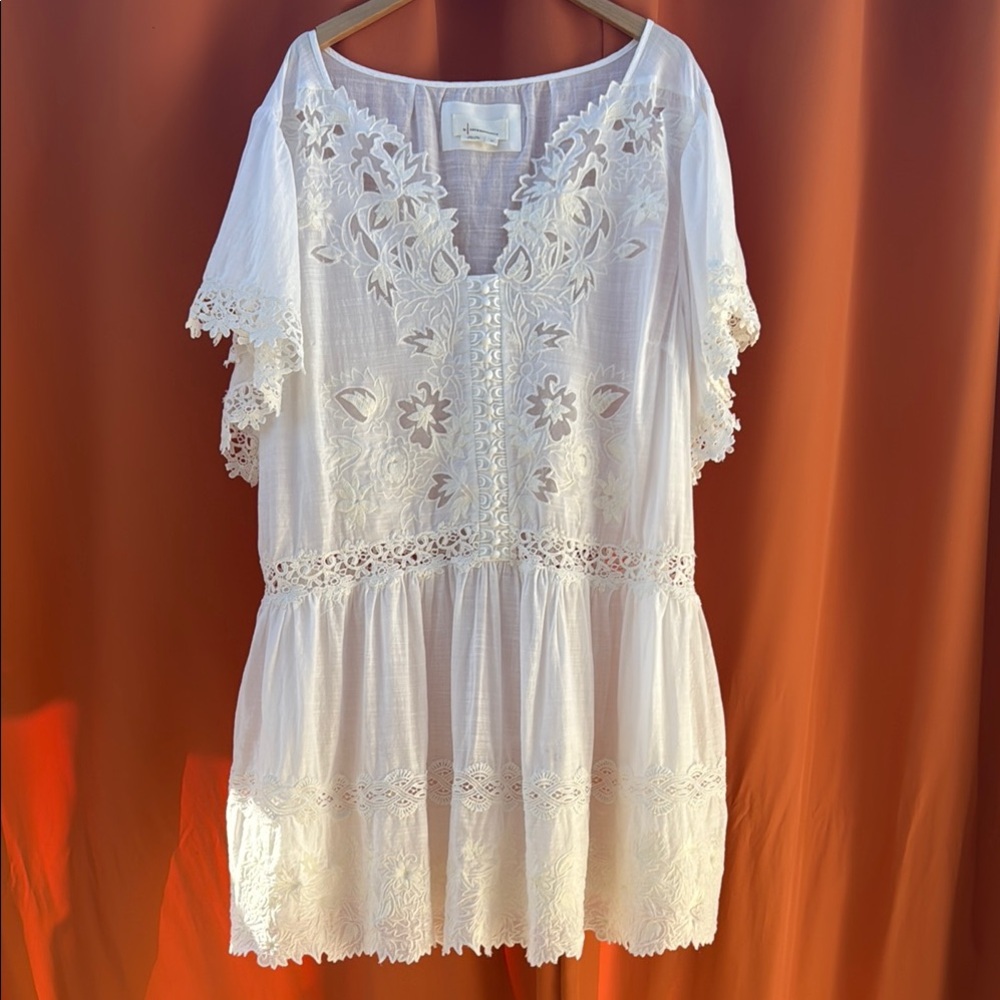 Anthropologie Cream Embroidered Midi Dress
